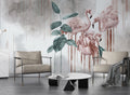 Distressed Flamingo Leaf Wallpaper : Teal and Pink Tropical Mural