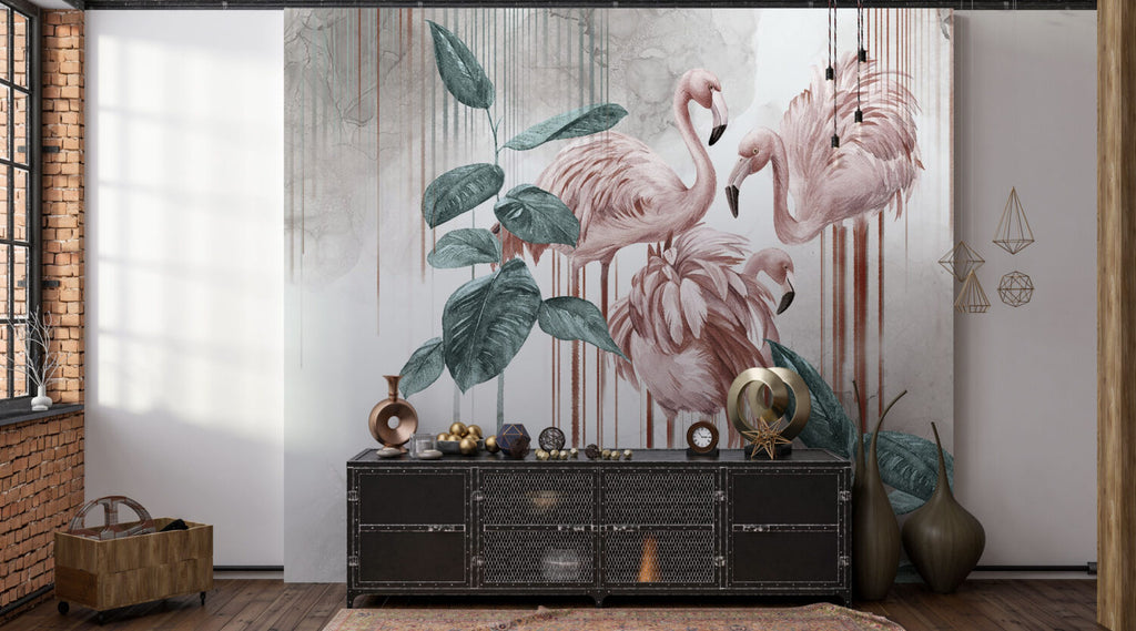 Distressed Flamingo Leaf Wallpaper : Teal and Pink Tropical Mural - View 3