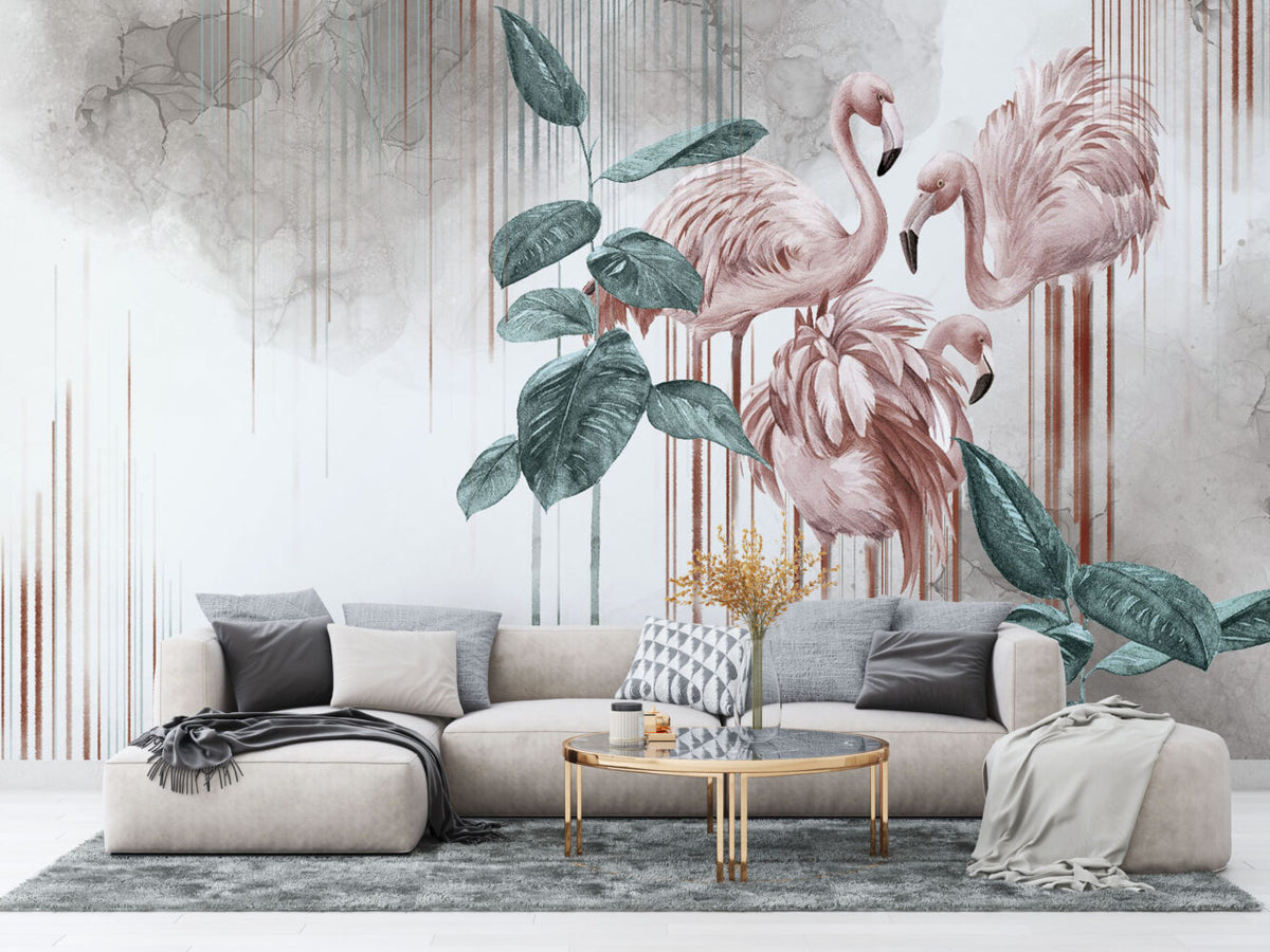 Distressed Flamingo Leaf Wallpaper : Teal and Pink Tropical Mural - View 4