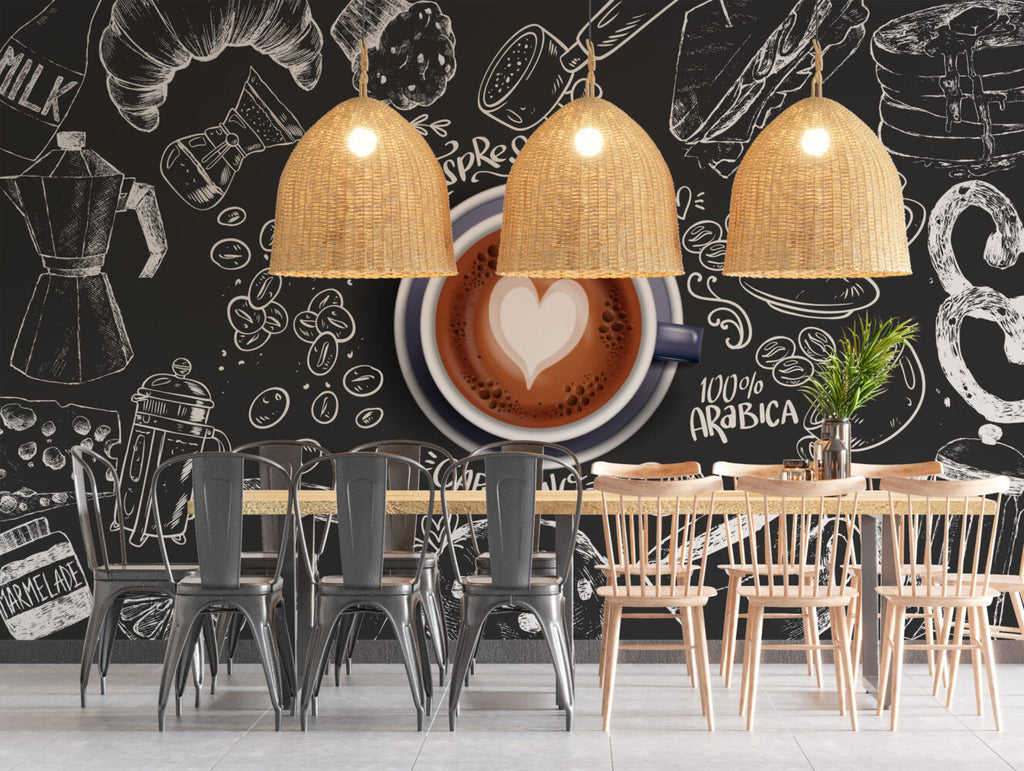 Coffee Chalkboard Wallpaper : Latte Art Café Mural - View 4