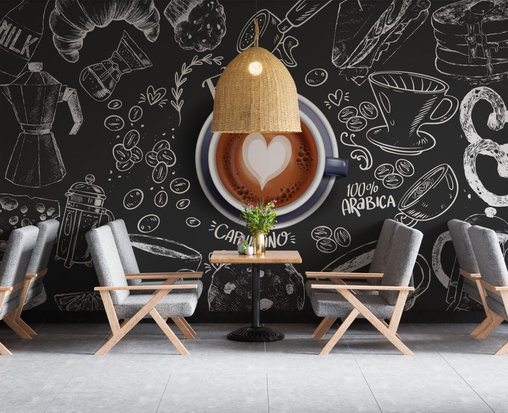 Coffee Chalkboard Wallpaper : Latte Art Café Mural - View 3