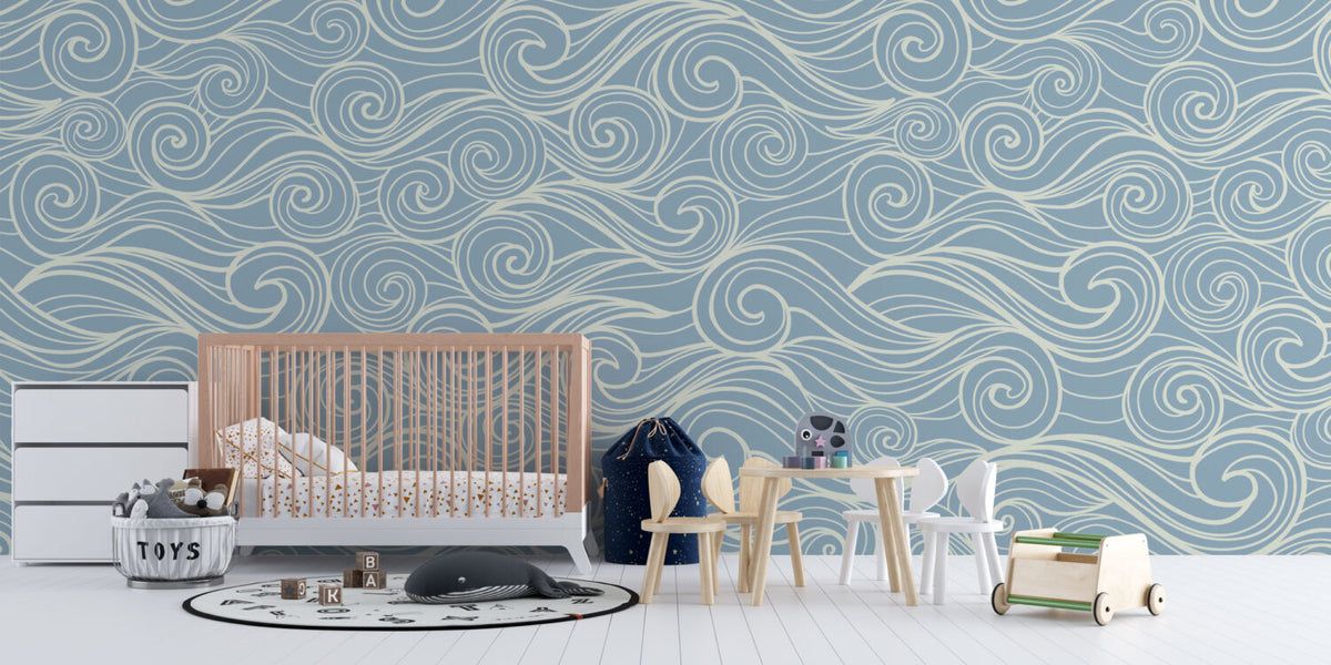 Blue Swirl Wave Wallpaper : Line Art Ocean Pattern - View 3