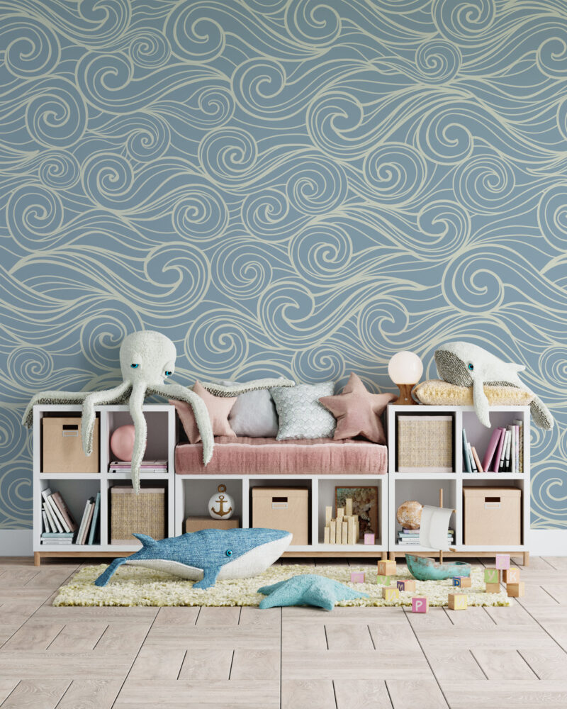 Blue Swirl Wave Wallpaper : Line Art Ocean Pattern - View 4