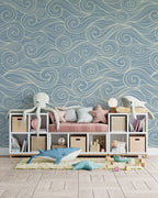 Blue Swirl Wave Wallpaper : Line Art Ocean Pattern - View 4