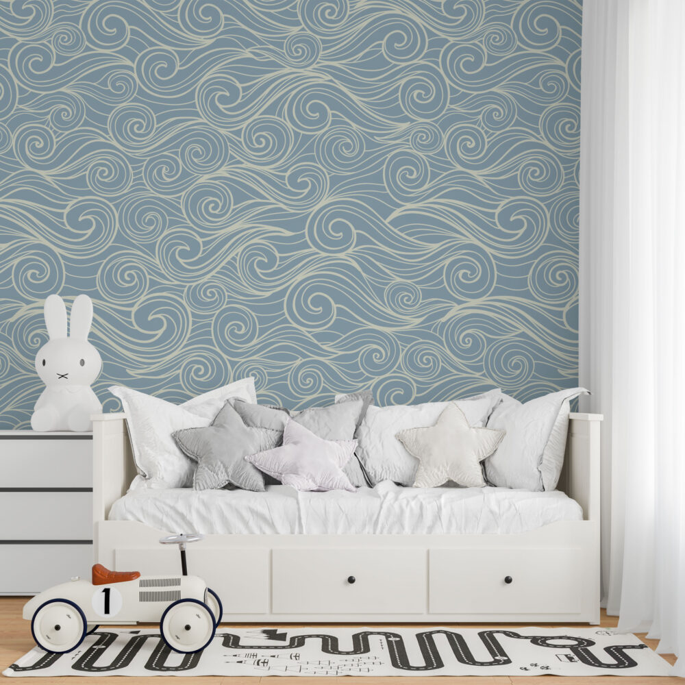 Blue Swirl Wave Wallpaper : Line Art Ocean Pattern