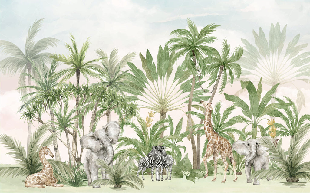 Safari Palm Grove Wallpaper : Soft Tropical Animal Mural - View 2