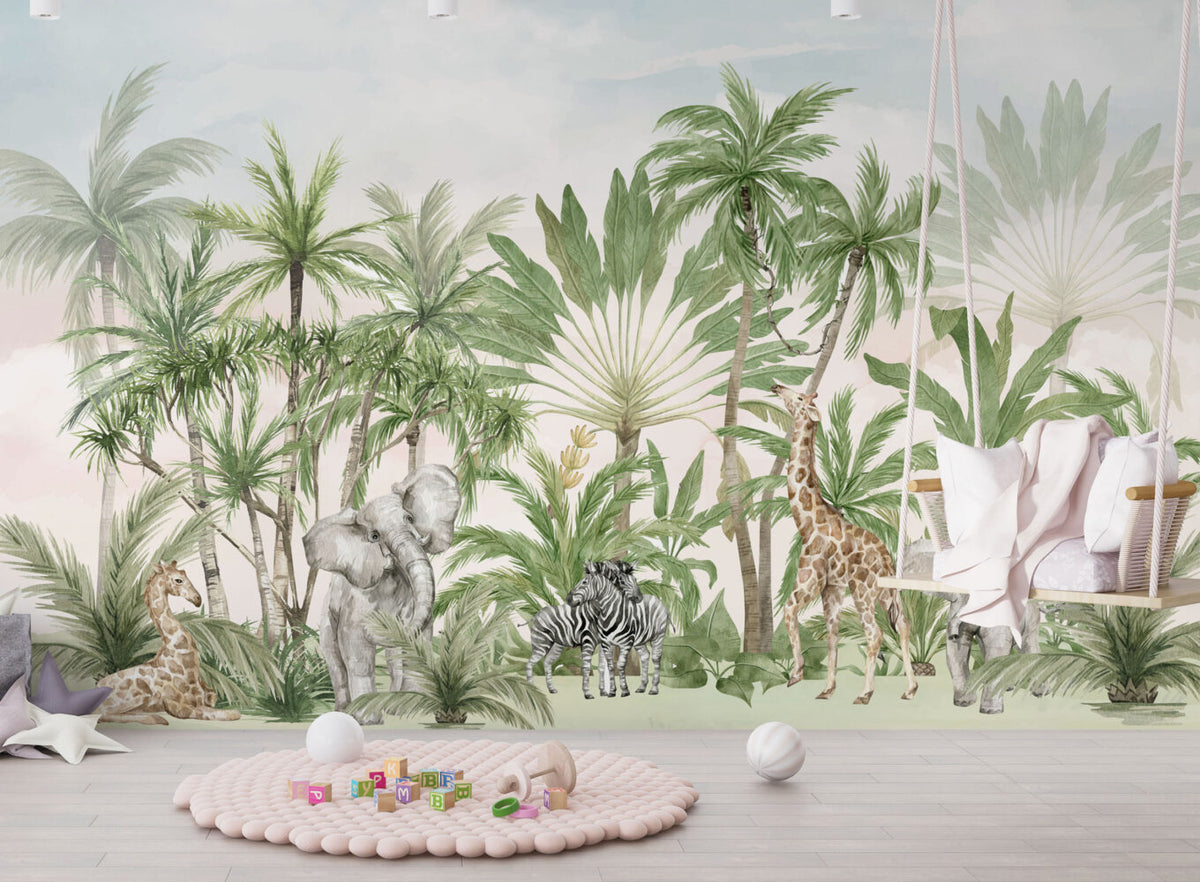 Safari Palm Grove Wallpaper : Soft Tropical Animal Mural
