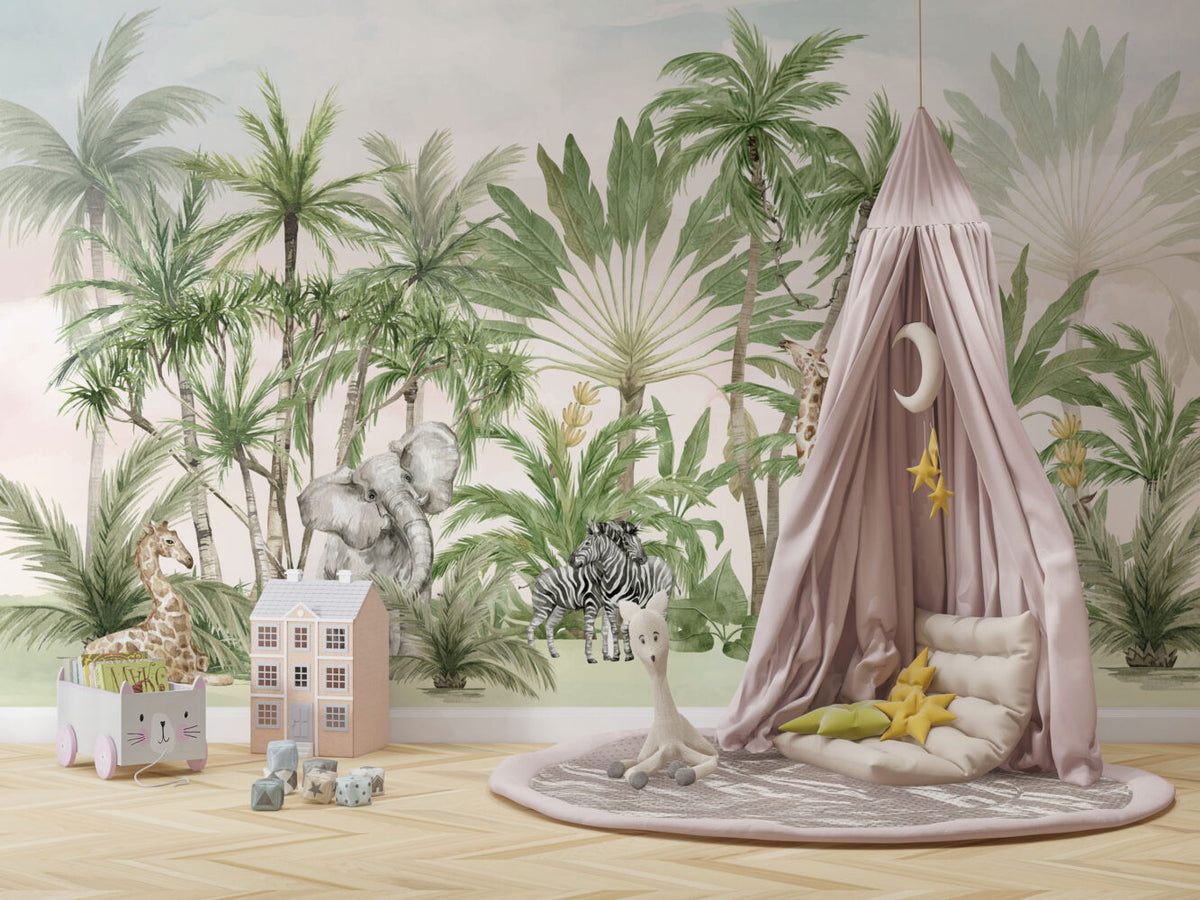 Safari Palm Grove Wallpaper : Soft Tropical Animal Mural - View 4