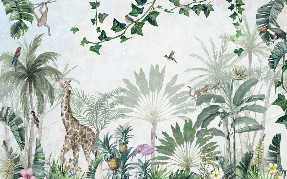 Tropical Garden Animals Wallpaper : Pastel Jungle Mural - View 2