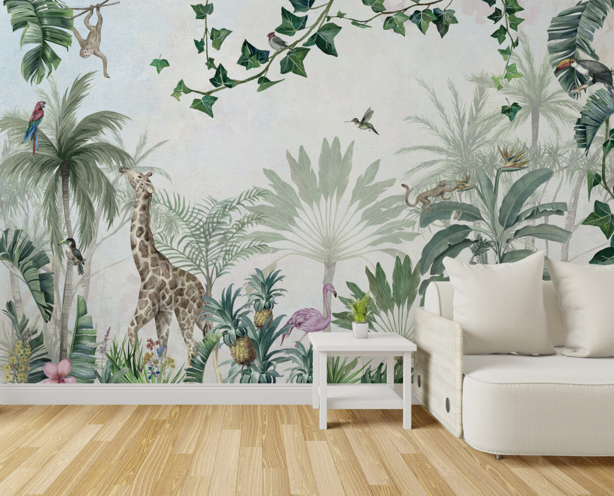 Tropical Garden Animals Wallpaper : Pastel Jungle Mural