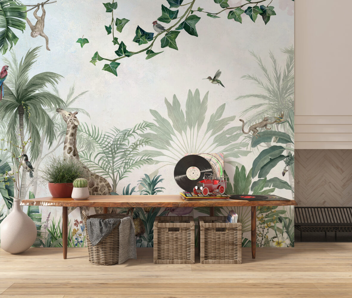 Tropical Garden Animals Wallpaper : Pastel Jungle Mural - View 3