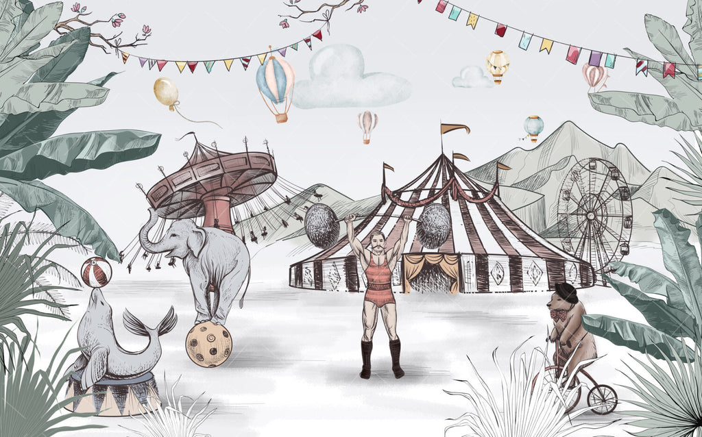 Vintage Circus Wallpaper : Sketched Animals Big Top Mural - View 2