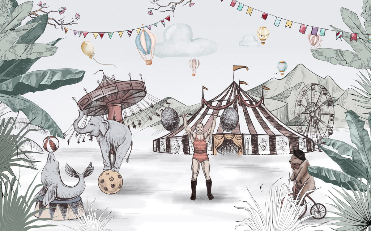 Vintage Circus Wallpaper : Sketched Animals Big Top Mural - View 2