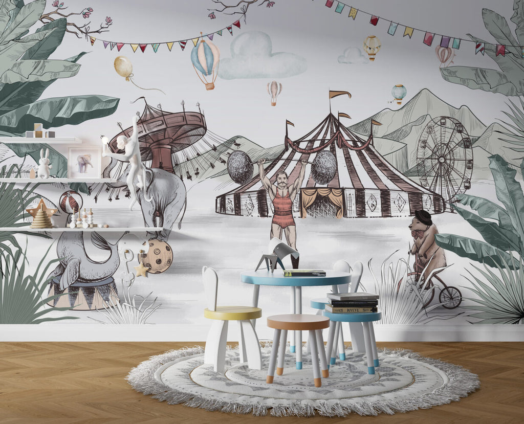 Vintage Circus Wallpaper : Sketched Animals Big Top Mural - View 3