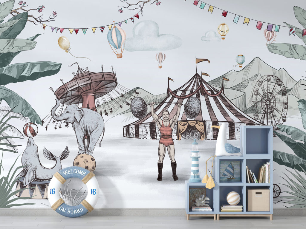 Vintage Circus Wallpaper : Sketched Animals Big Top Mural