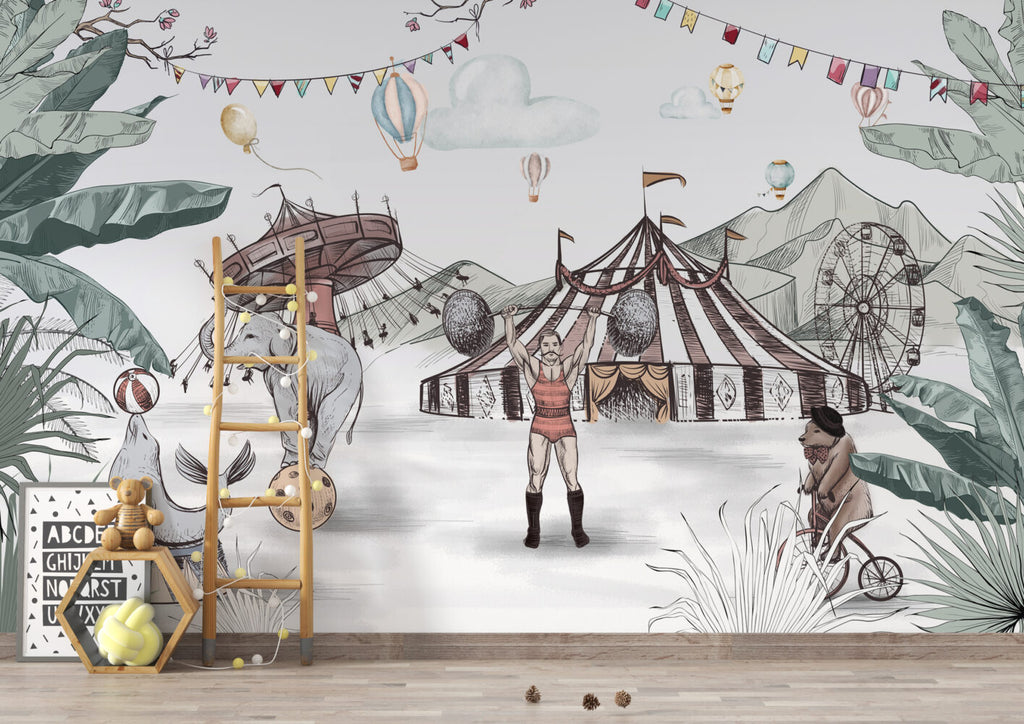 Vintage Circus Wallpaper : Sketched Animals Big Top Mural - View 4