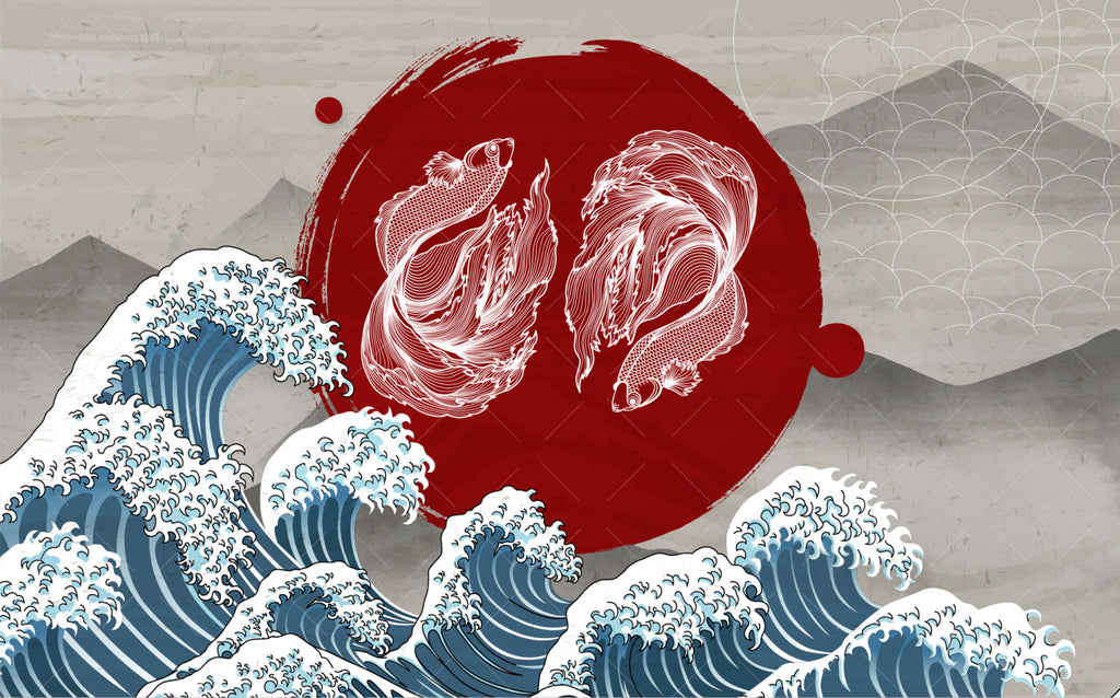Koi and Great Wave Wallpaper : Japanese Red Sun Mural - View 2