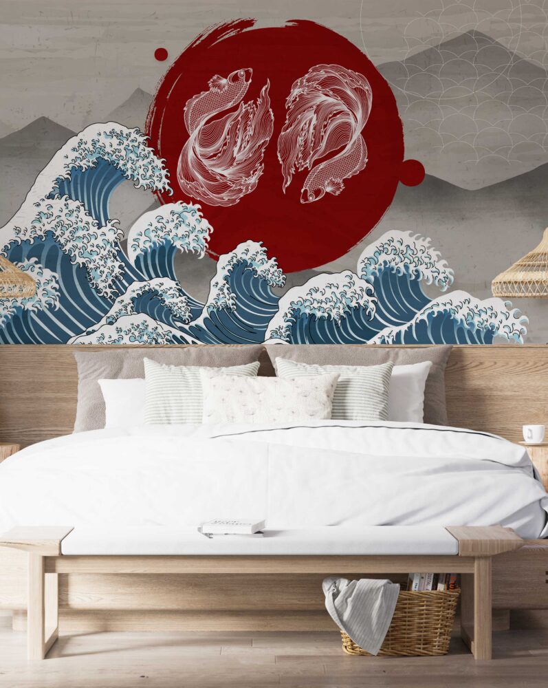 Koi and Great Wave Wallpaper : Japanese Red Sun Mural - View 3