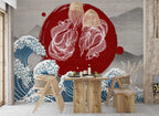 Koi and Great Wave Wallpaper : Japanese Red Sun Mural - View 4