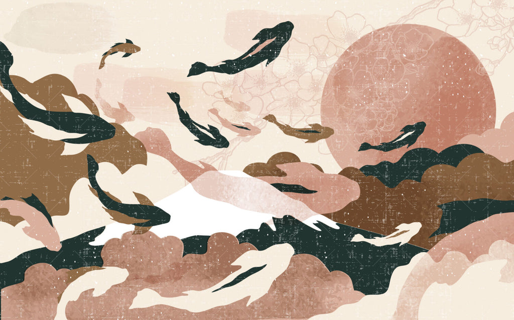 Blush Camo Fish Wallpaper : Abstract Soft Collage Mural - View 2