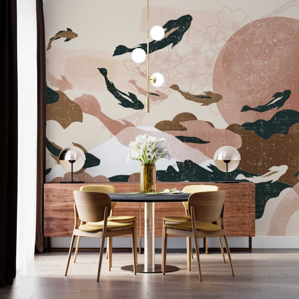 Blush Camo Fish Wallpaper : Abstract Soft Collage Mural - View 3