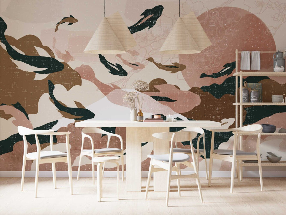 Blush Camo Fish Wallpaper : Abstract Soft Collage Mural