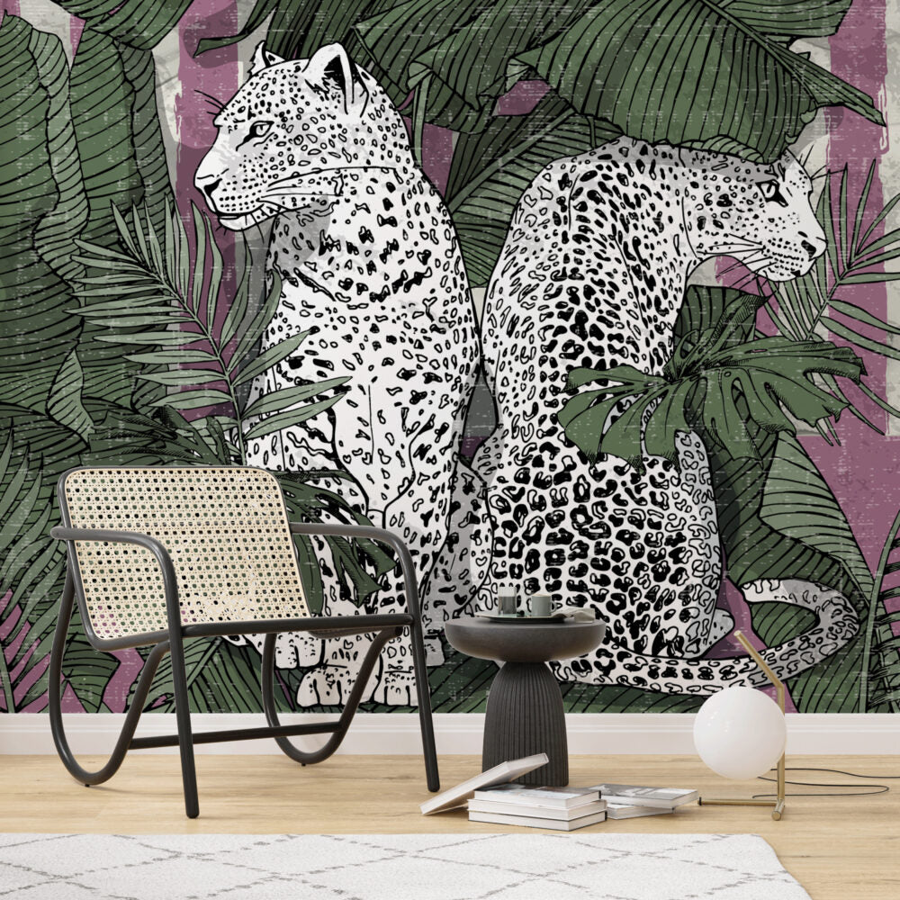 Leopard Print Jungle Wallpaper : Black White Pink Tropical Mural - View 3