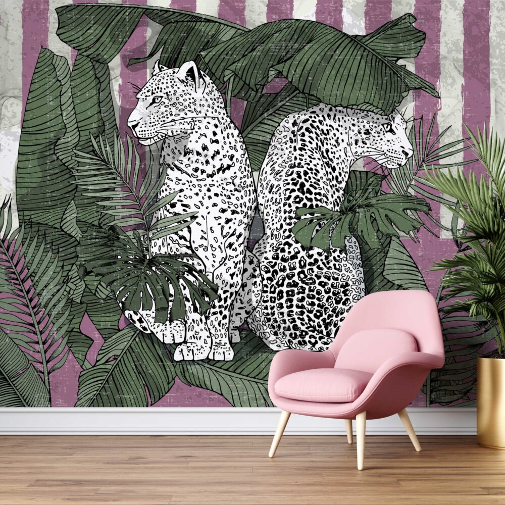 Leopard Print Jungle Wallpaper : Black White Pink Tropical Mural