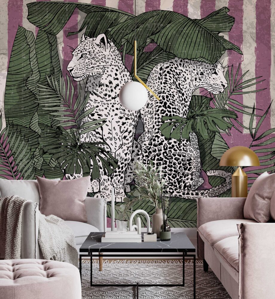 Leopard Print Jungle Wallpaper : Black White Pink Tropical Mural - View 4