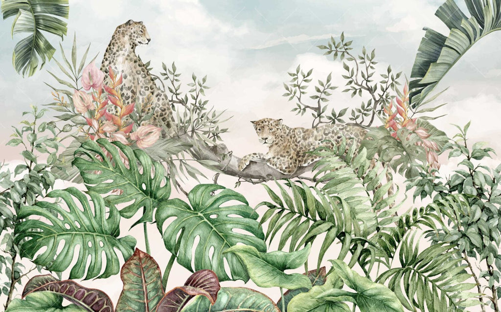 Leopards in the Trees Wallpaper : Soft Tropical Jungle Mural - View 2