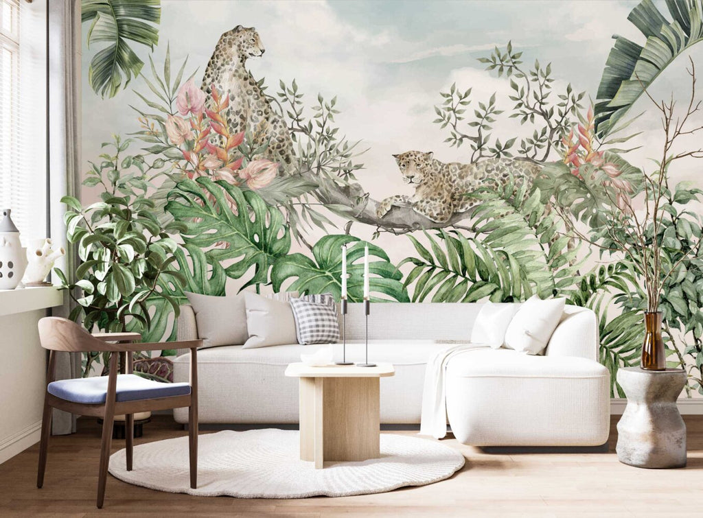 Leopards in the Trees Wallpaper : Soft Tropical Jungle Mural