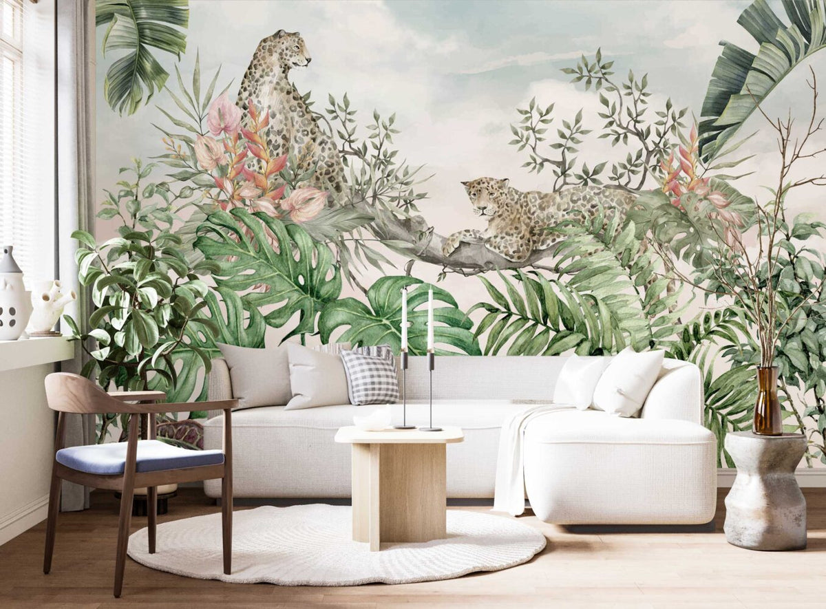 Leopards in the Trees Wallpaper : Soft Tropical Jungle Mural