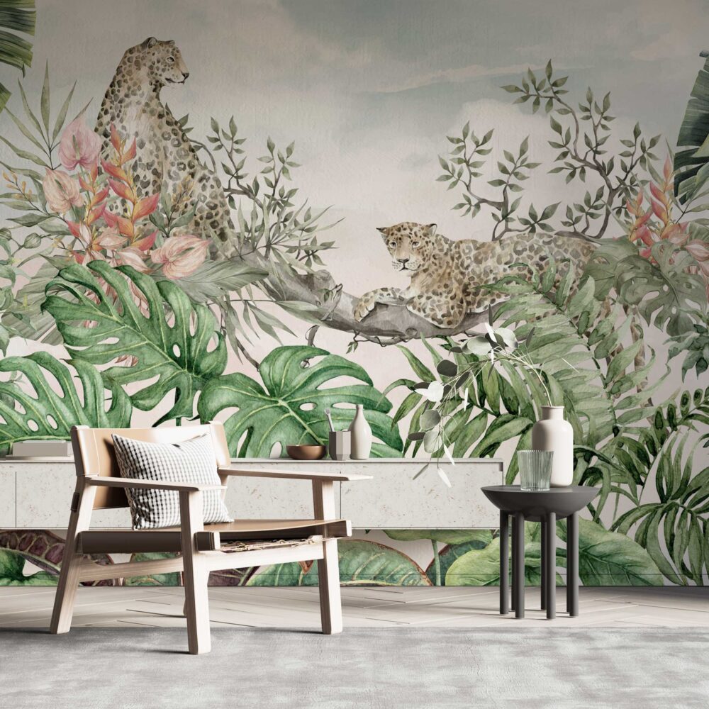 Leopards in the Trees Wallpaper : Soft Tropical Jungle Mural - View 4