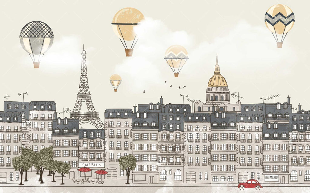 Paris Rooftops Balloon Wallpaper : Grey Kids City Mural - View 2