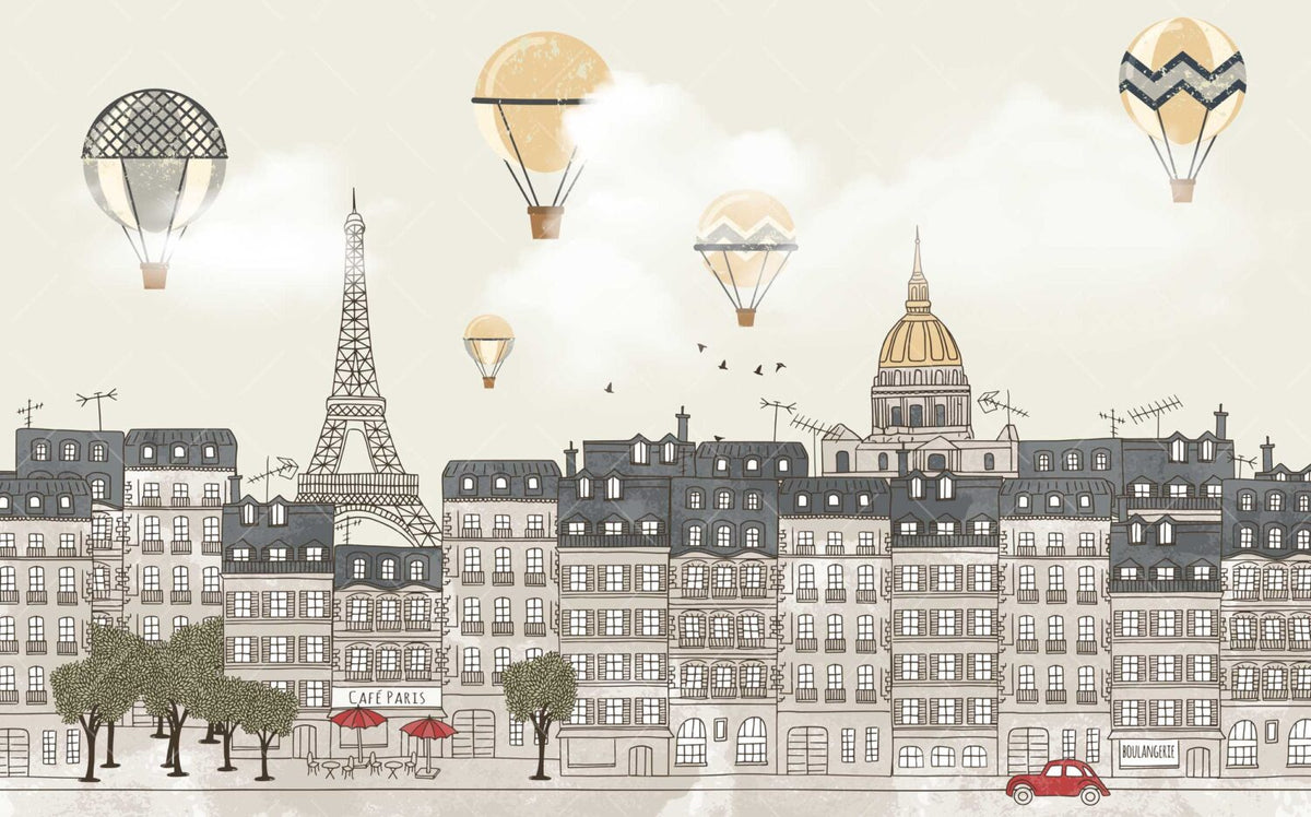 Paris Rooftops Balloon Wallpaper : Grey Kids City Mural - View 2