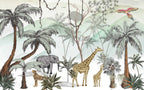 Sketched Safari Palms Wallpaper : Soft Jungle Animal Mural - View 2