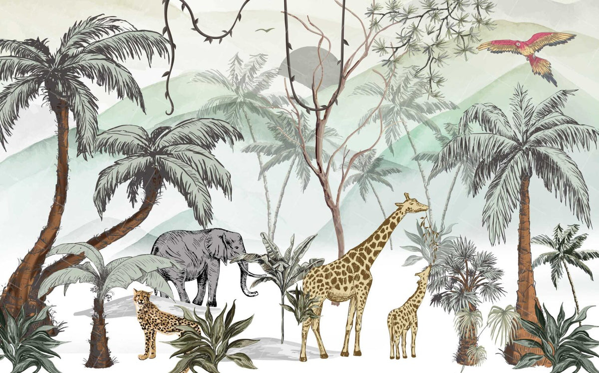 Sketched Safari Palms Wallpaper : Soft Jungle Animal Mural - View 2