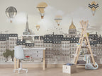 Paris Rooftops Balloon Wallpaper : Grey Kids City Mural - View 3