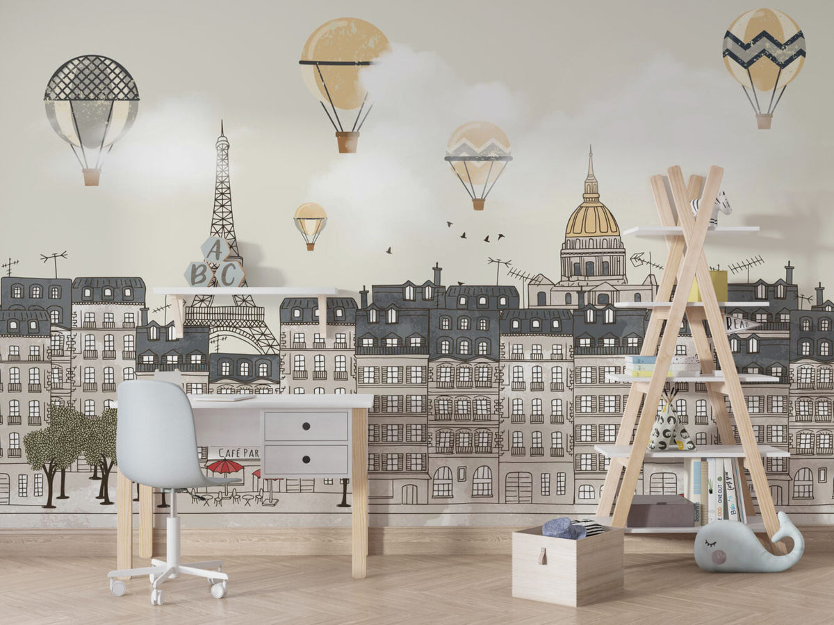 Paris Rooftops Balloon Wallpaper : Grey Kids City Mural - View 3