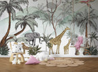 Sketched Safari Palms Wallpaper : Soft Jungle Animal Mural - View 3