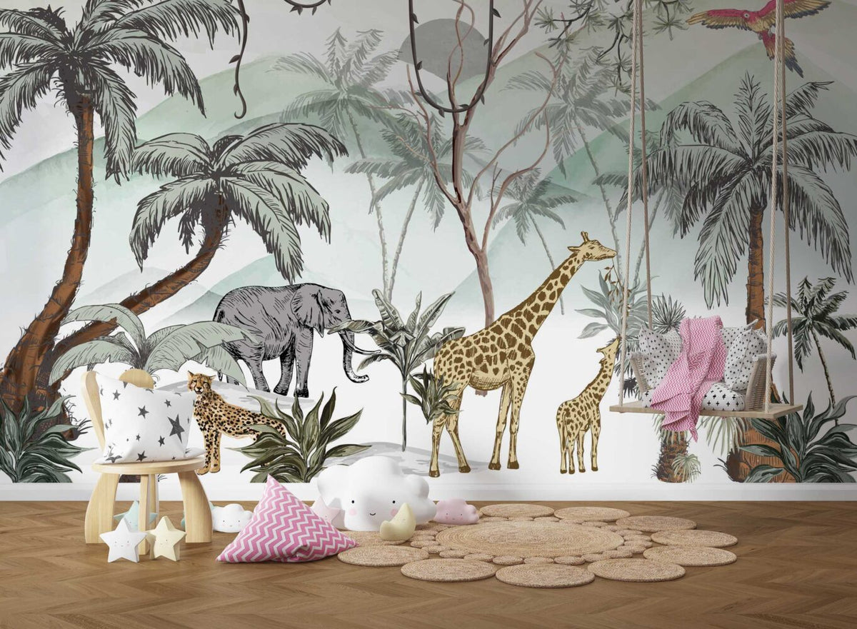 Sketched Safari Palms Wallpaper : Soft Jungle Animal Mural - View 3