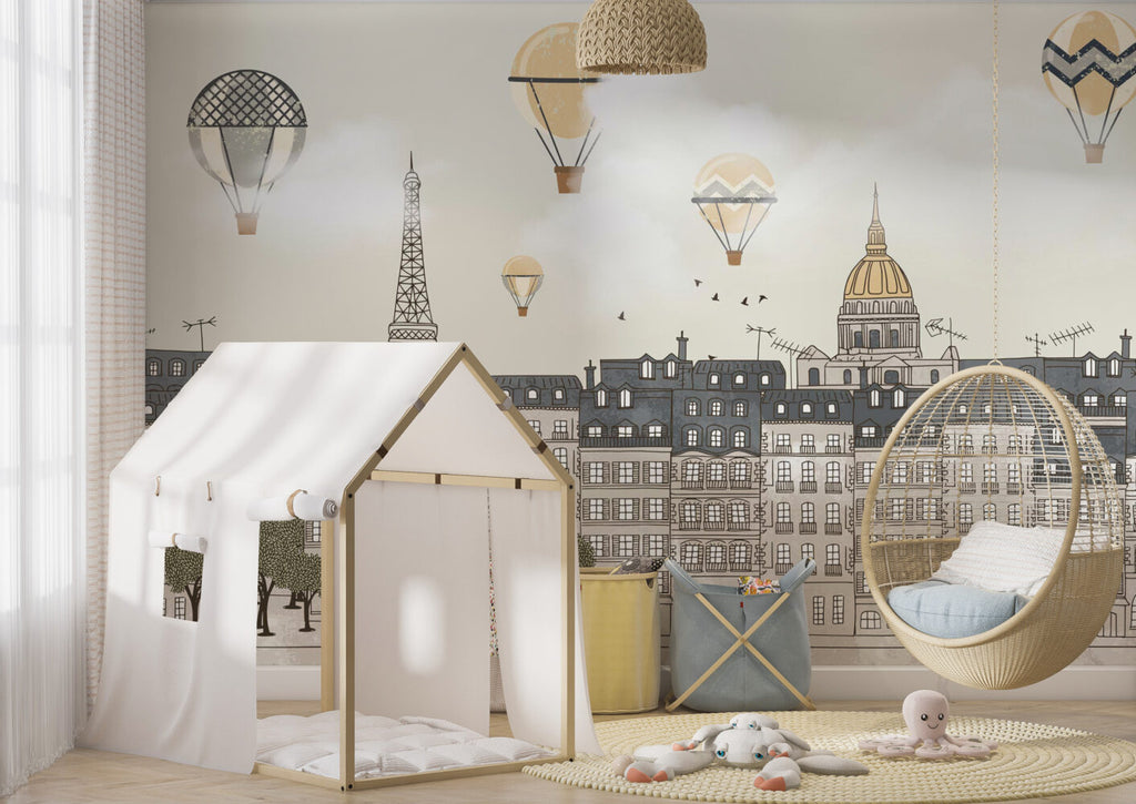 Paris Rooftops Balloon Wallpaper : Grey Kids City Mural - View 4
