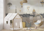 Paris Rooftops Balloon Wallpaper : Grey Kids City Mural - View 4