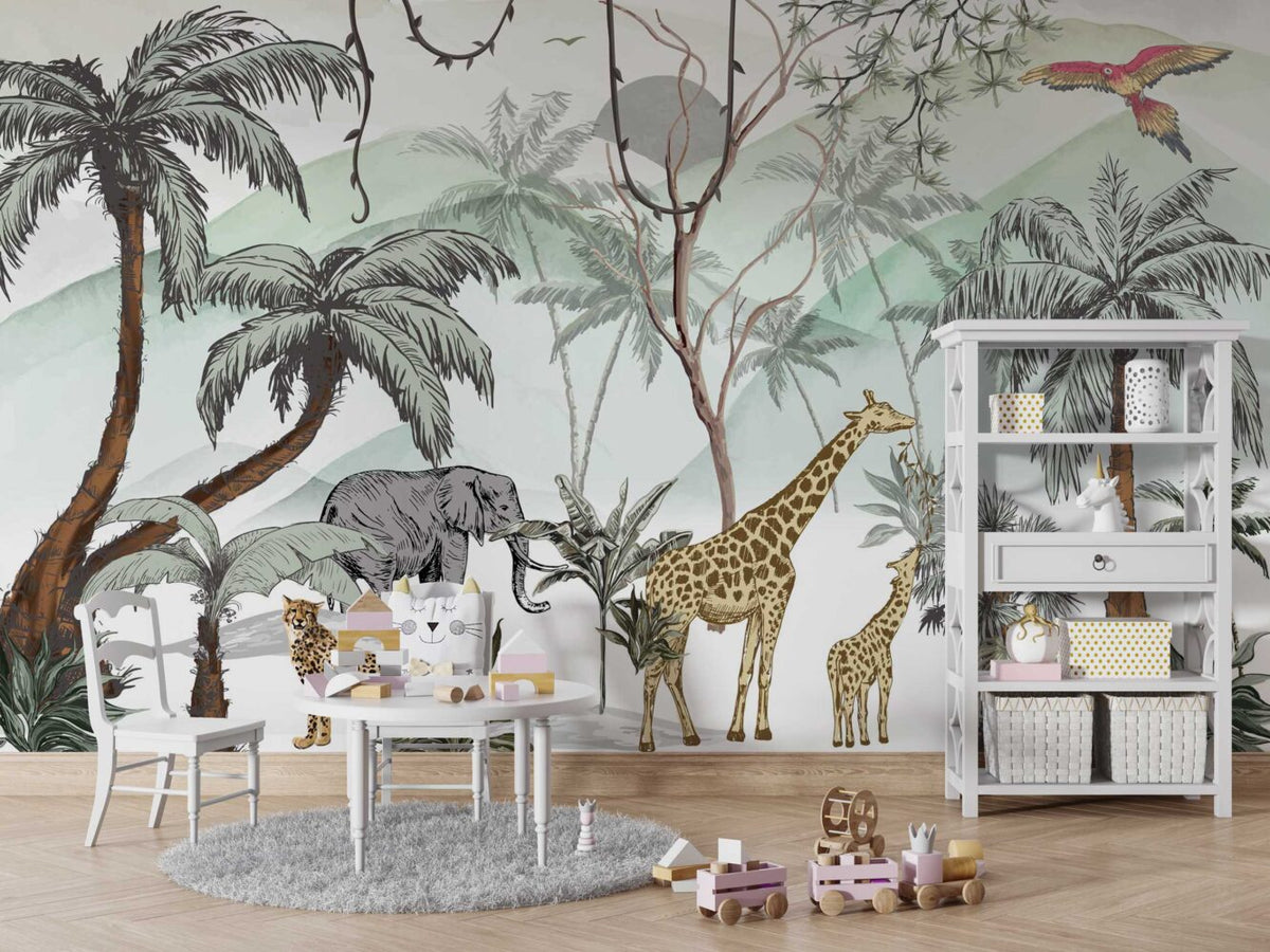 Sketched Safari Palms Wallpaper : Soft Jungle Animal Mural - View 4