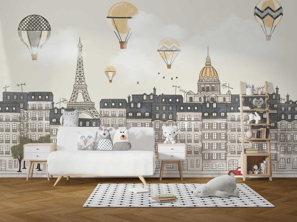 Paris Rooftops Balloon Wallpaper : Grey Kids City Mural