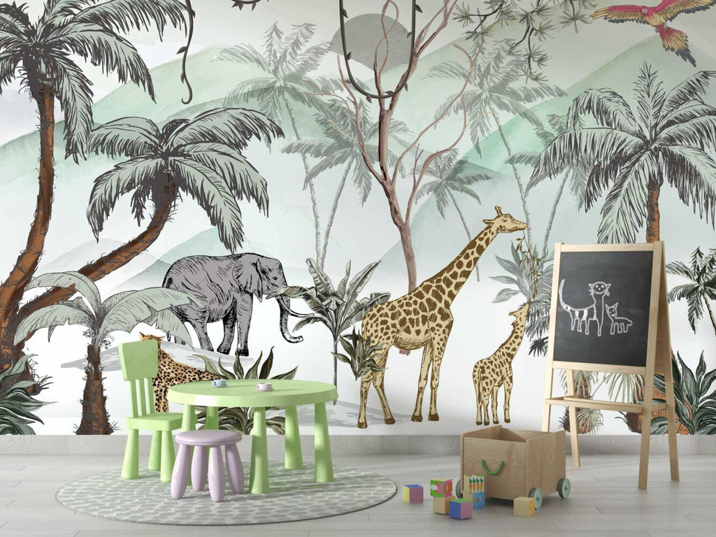 Sketched Safari Palms Wallpaper : Soft Jungle Animal Mural
