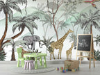 Sketched Safari Palms Wallpaper : Soft Jungle Animal Mural
