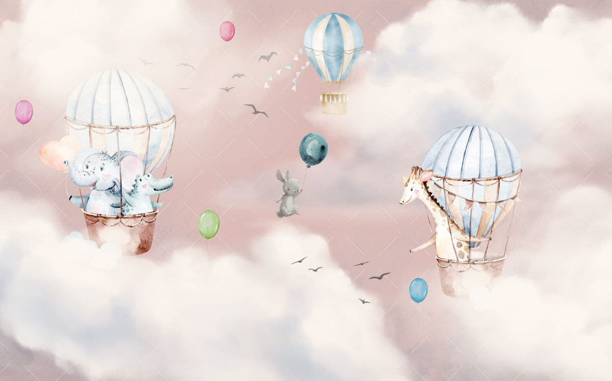 Pink Cloud Balloon Bunny Wallpaper : Dreamy Nursery Mural - View 2