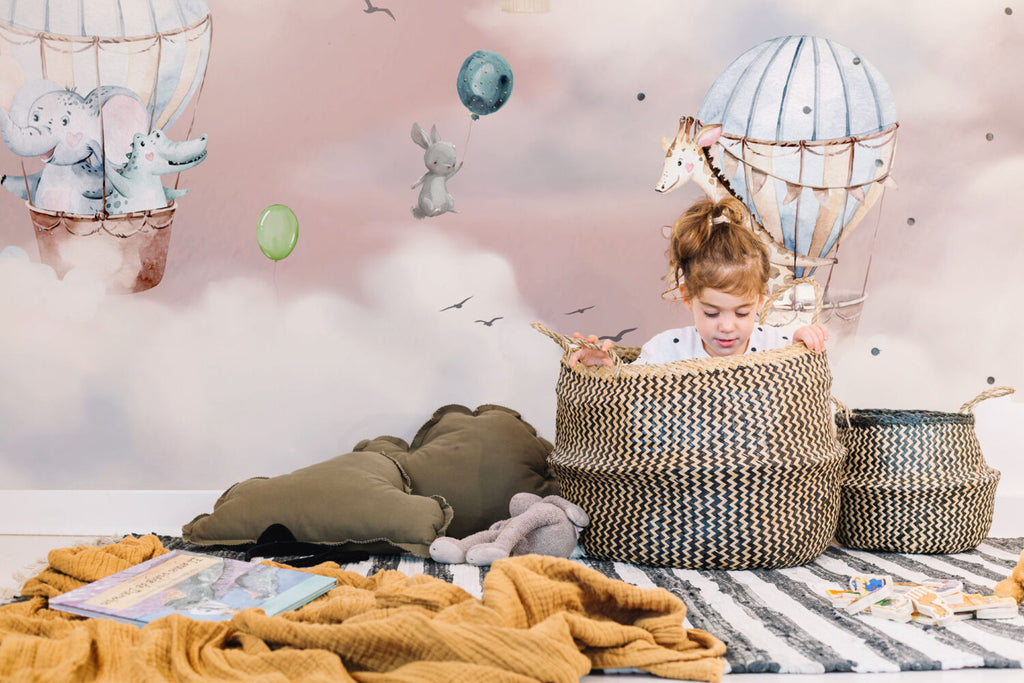 Pink Cloud Balloon Bunny Wallpaper : Dreamy Nursery Mural