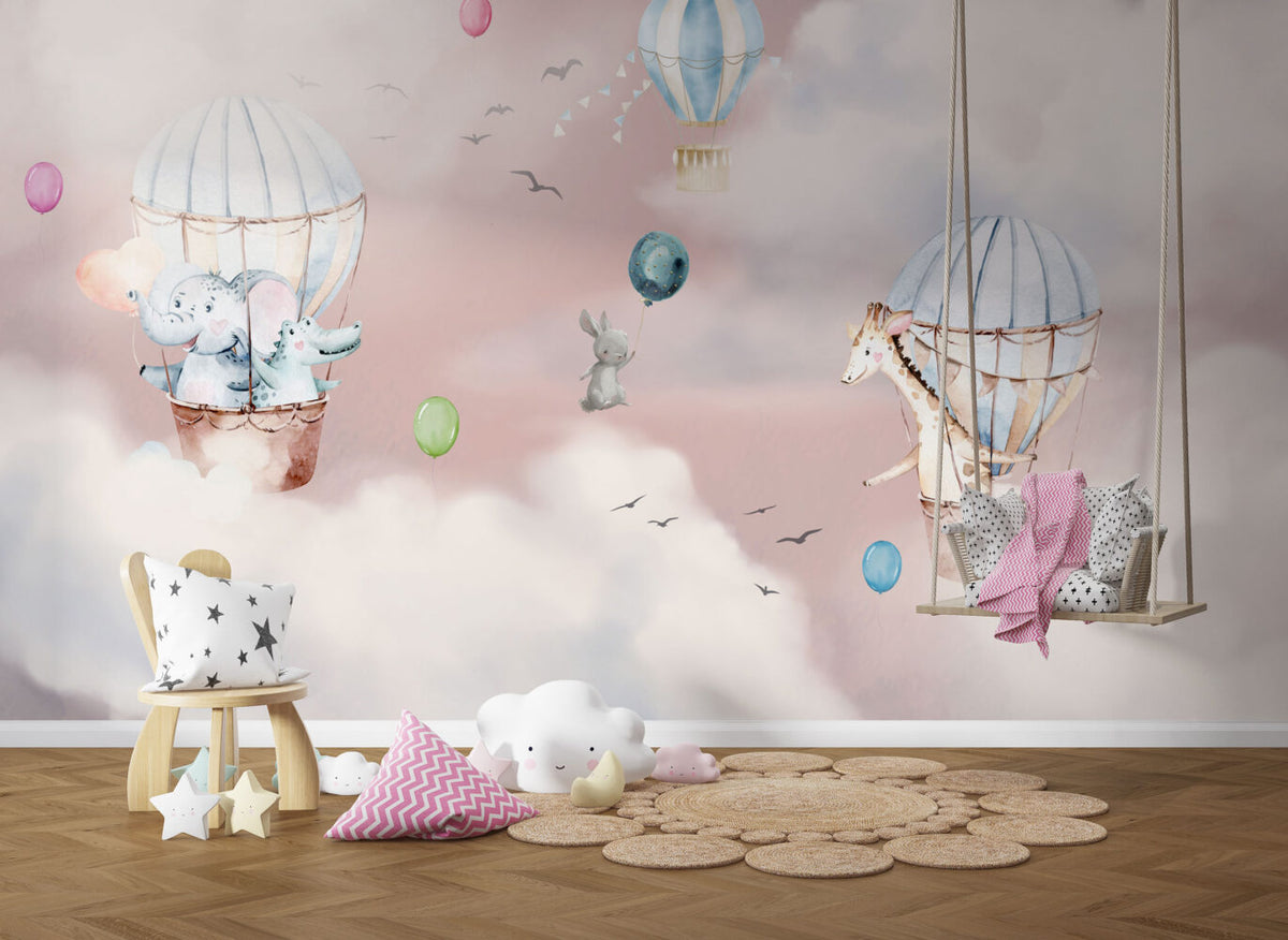 Pink Cloud Balloon Bunny Wallpaper : Dreamy Nursery Mural - View 3